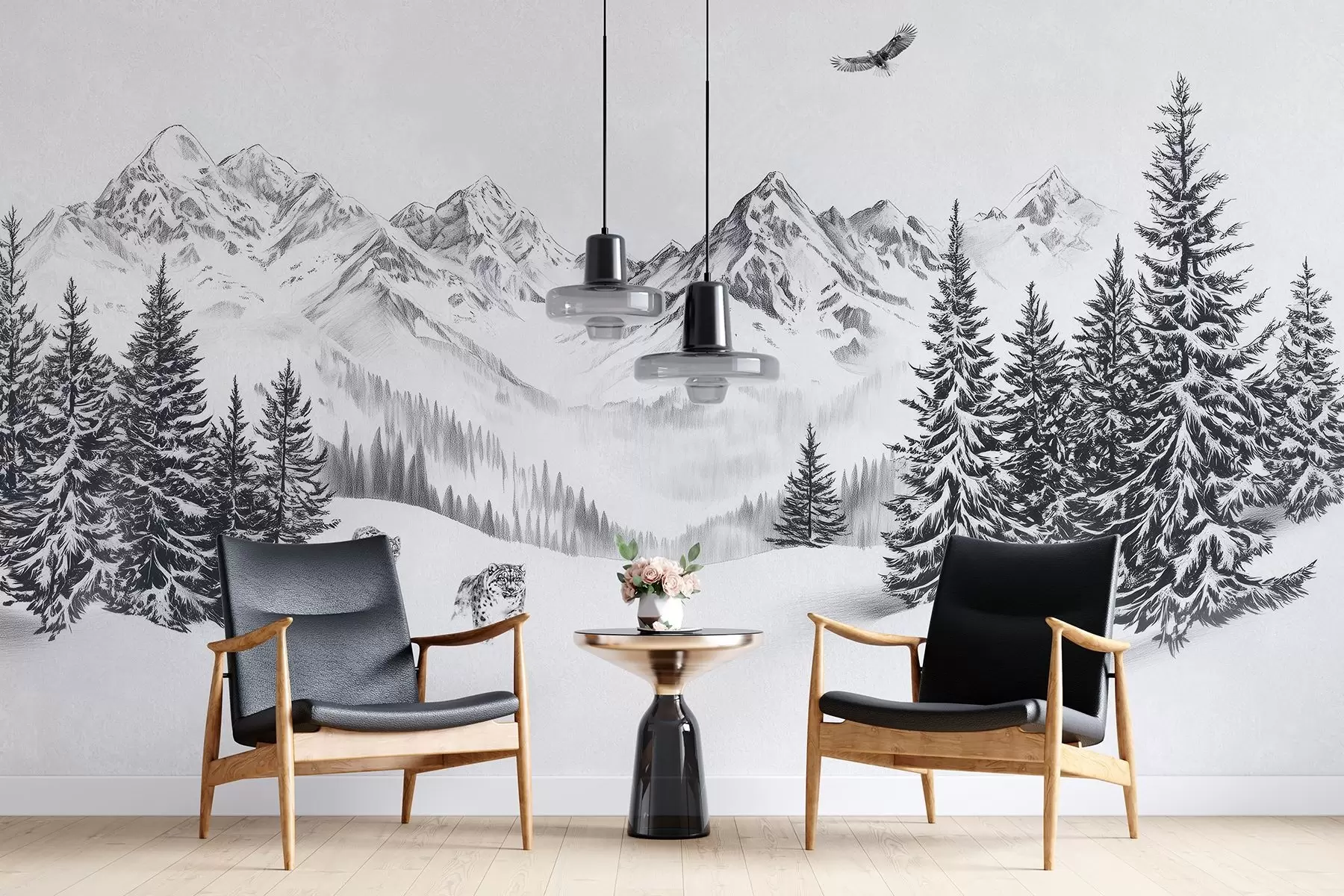 murales de pared Montañas invernales, leopardos de las nieves, bosque de pinos, dibujo a lápiz, águila volando w02360
