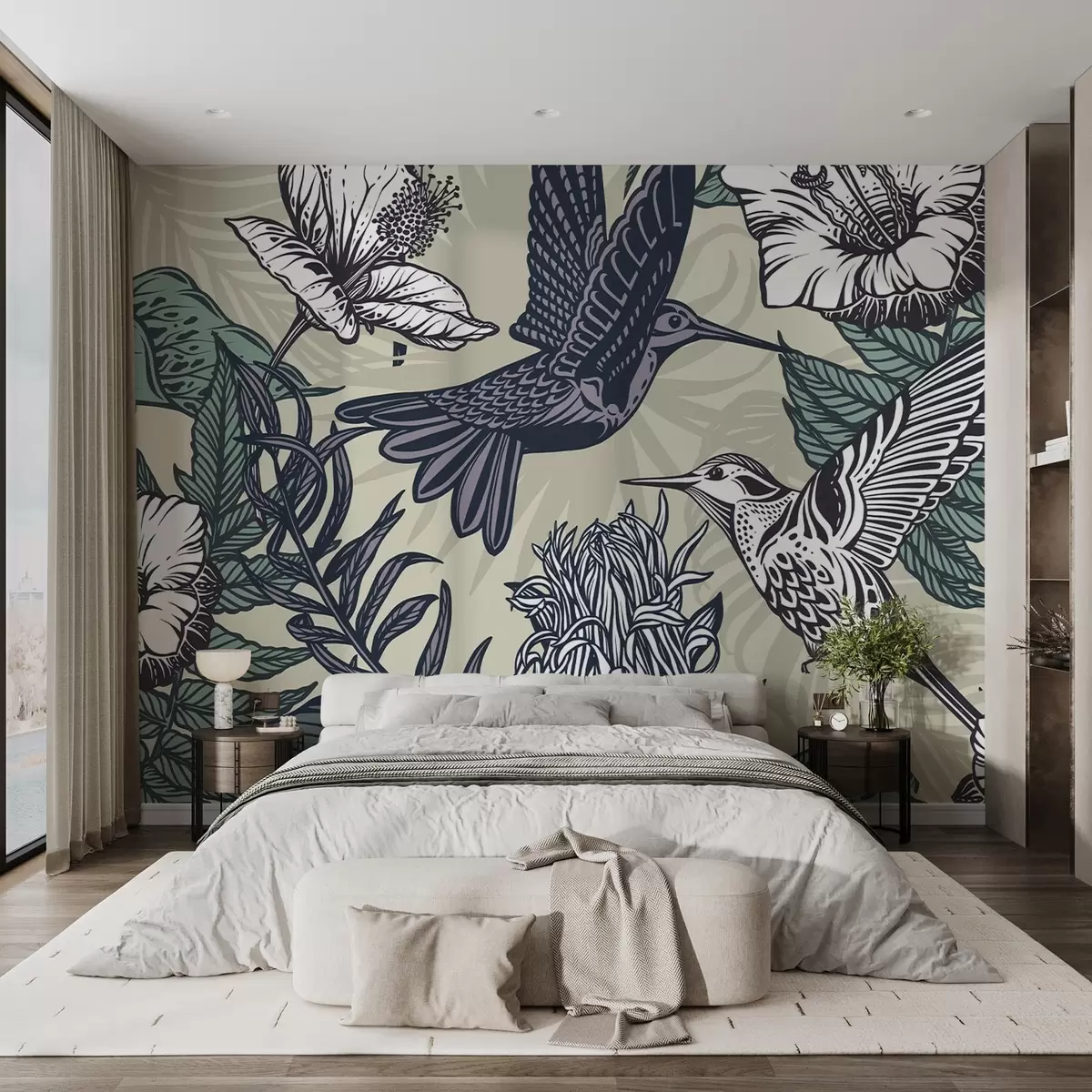 murales de pared Colibríes y flores en flor w02362