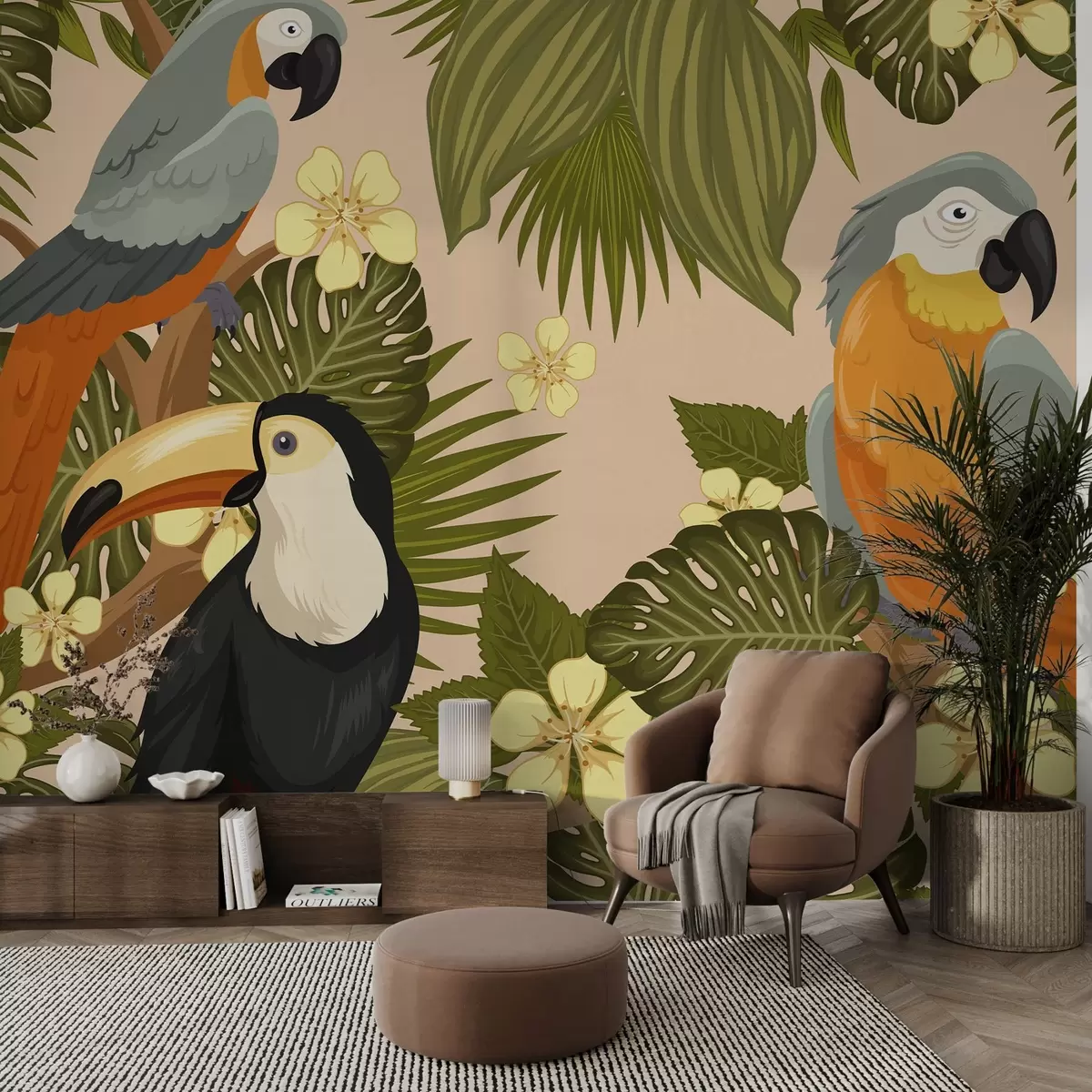 murales de pared Brillantes loros y tucanes en amarillo w02365