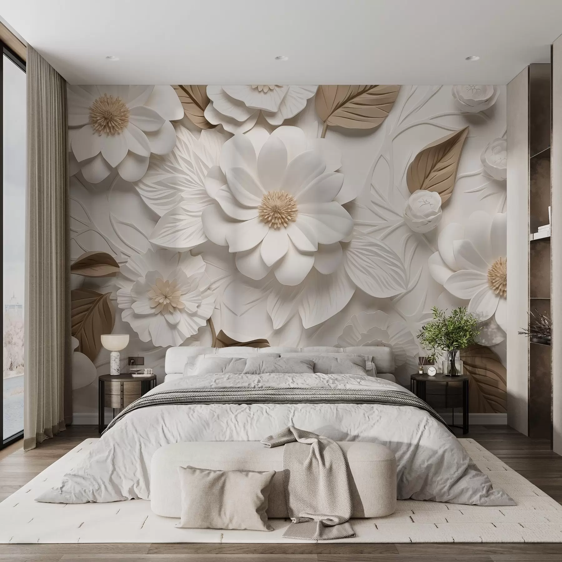 murales de pared Flores volumétricas de yeso en dos colores w02006