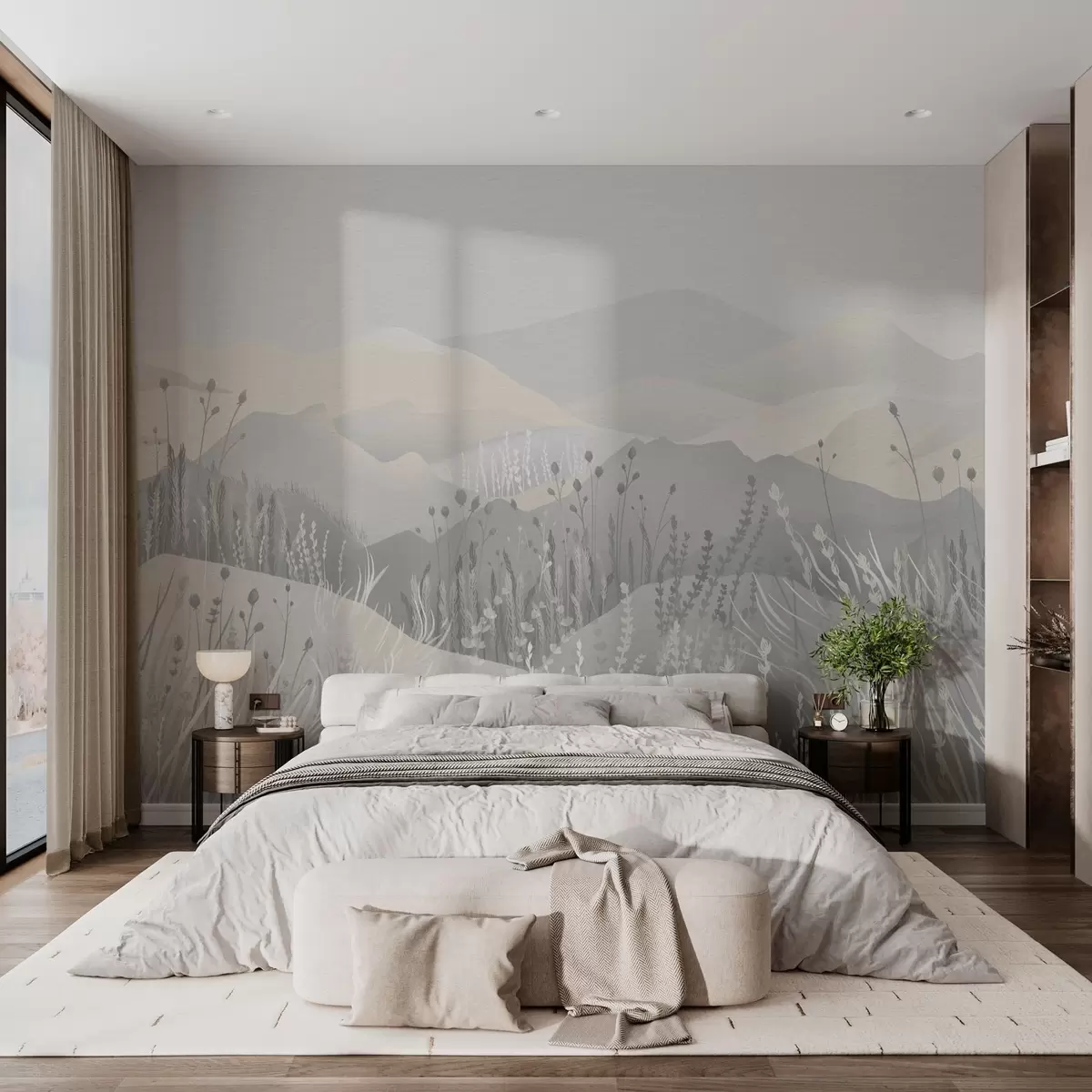 murales de pared Montañas brumosas y hierbas y flores silvestres w02317