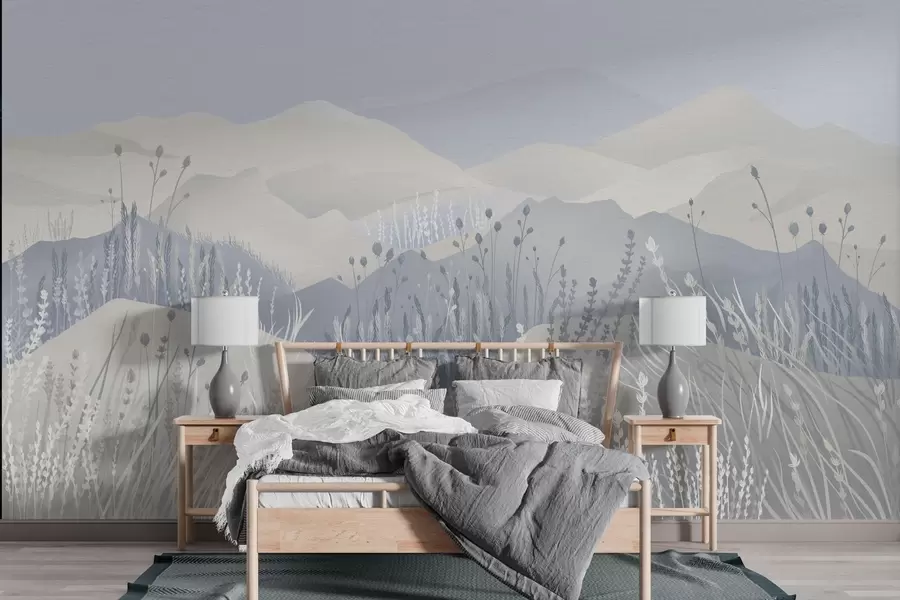 murales de pared Montañas neblinosas y campos de hierba y flores en tonos azules w02317v1
