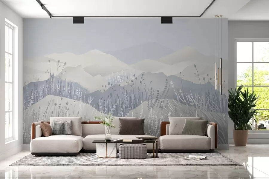 murales de pared Montañas neblinosas y campos de hierba y flores en tonos azules w02317v1