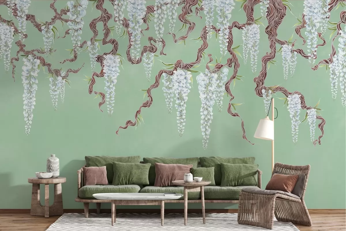 murales de pared Glicinias azules sobre fondo verde grunge w02372v3