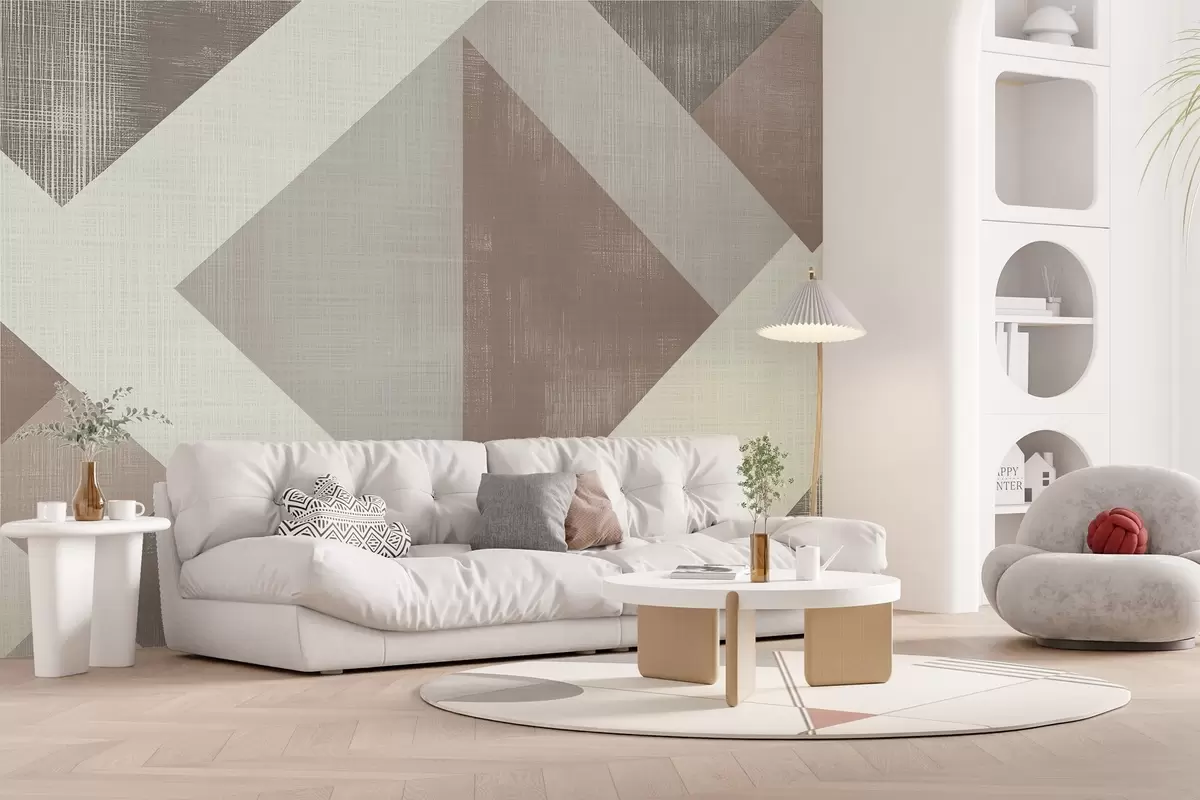 murales de pared Moderno diseño geométrico de papel pintado con formas superpuestas en suaves tonos beige, verde y gris w02341v1