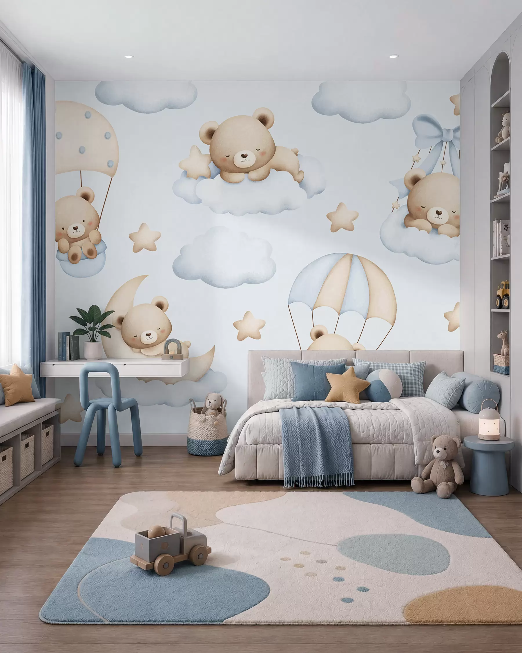 murales de pared Osos en paracaídas y nubes sobre fondo azul w02385