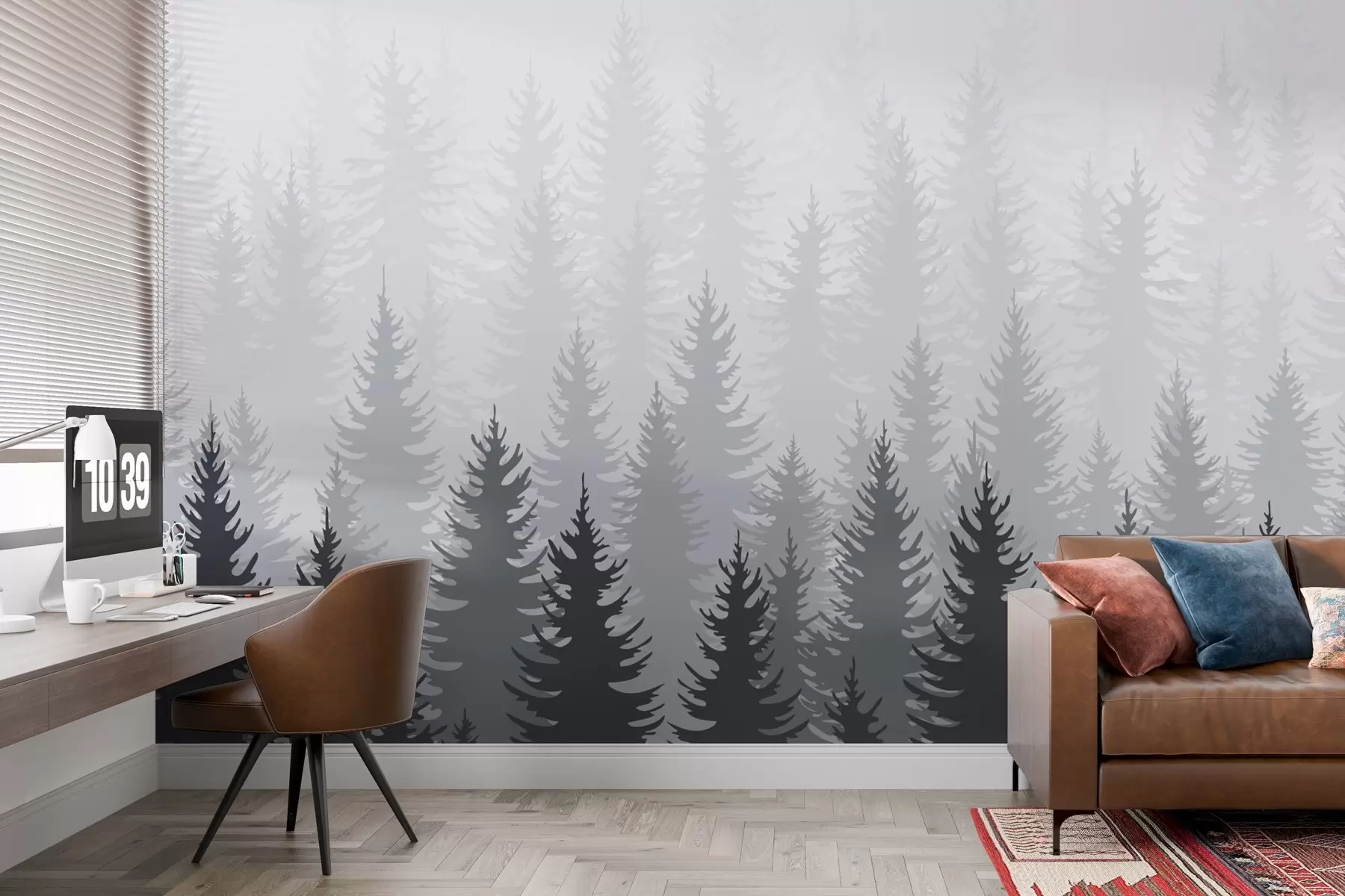 murales de pared Bosque de coníferas en la niebla w02386