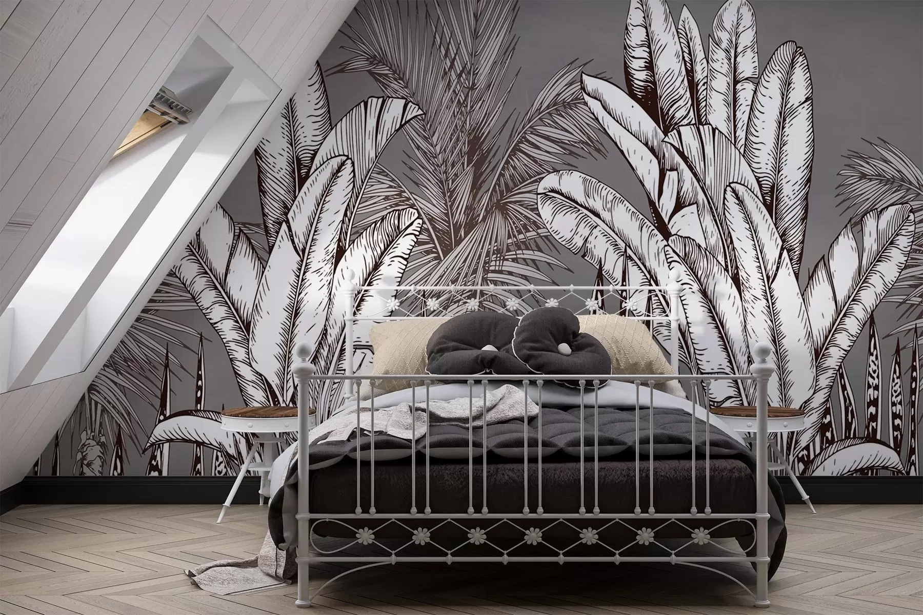 murales de pared Patrón con hojas tropicales sobre fondo gris w02299