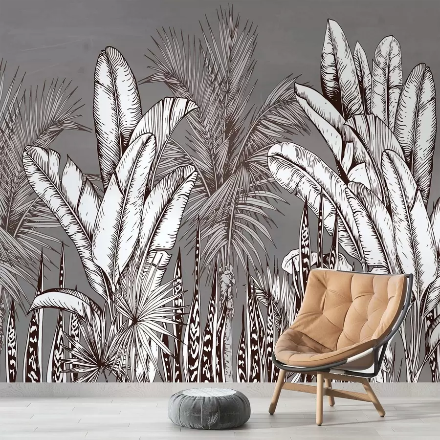 murales de pared Patrón con hojas tropicales sobre fondo gris w02299