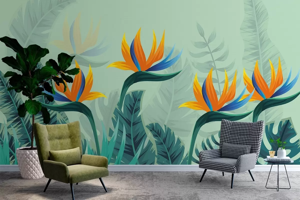 murales de pared Hojas brillantes sobre fondo verde con líneas blancas w02301