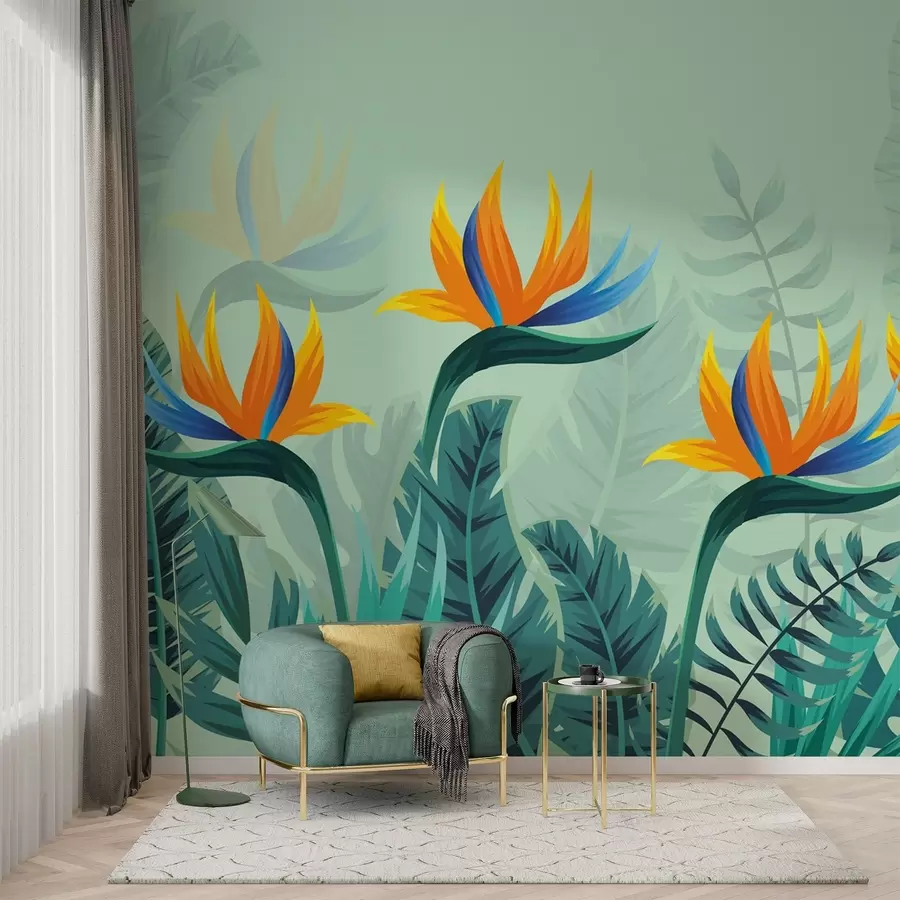 murales de pared Hojas brillantes sobre fondo verde con líneas blancas w02301