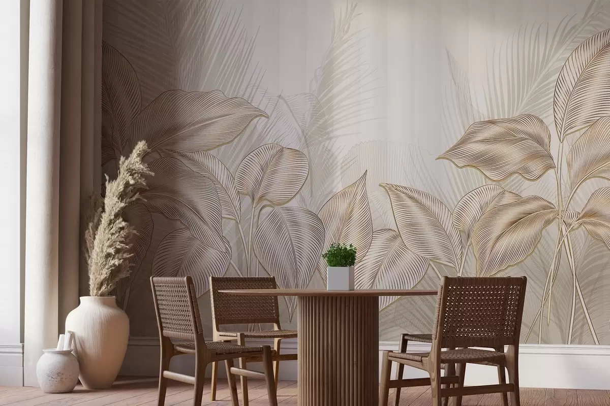 murales de pared Elegantes hojas de palmera blancas y beige sobre un fondo claro y texturizado w08434