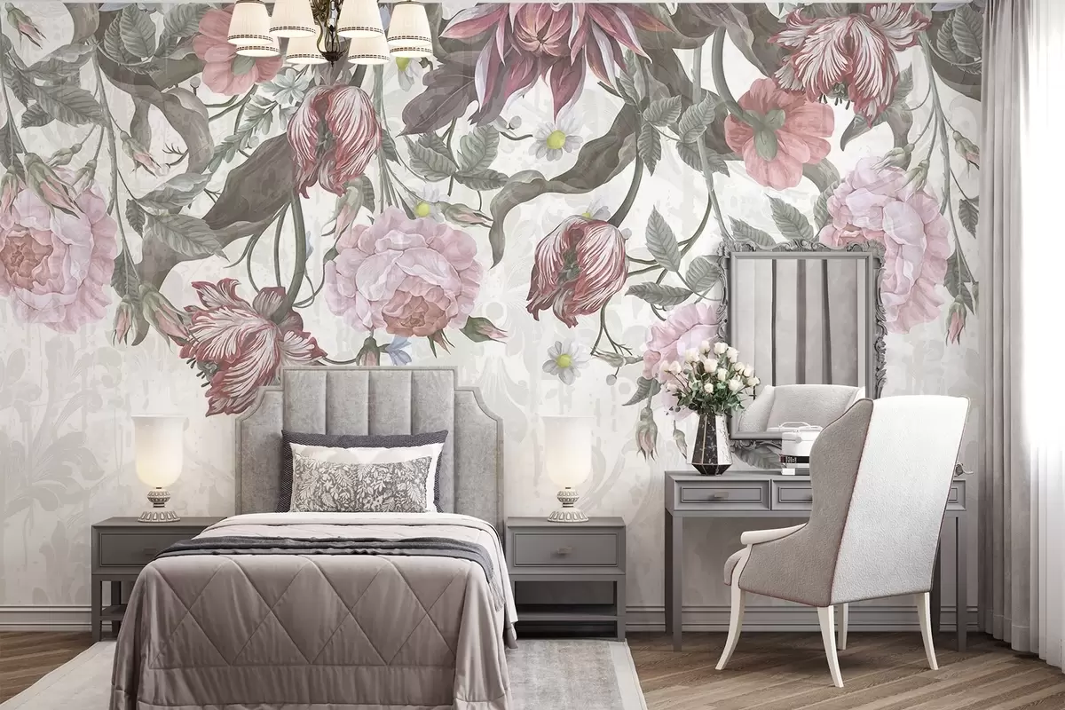 murales de pared Un exuberante arreglo floral con grandes flores rosas y blancas, con hojas y tallos verdes  w08435