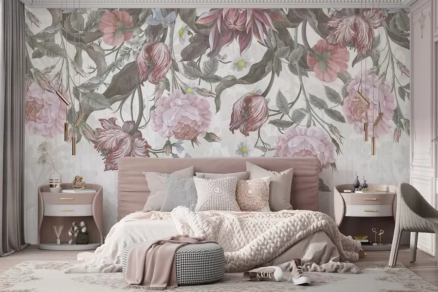 murales de pared Un exuberante arreglo floral con grandes flores rosas y blancas, con hojas y tallos verdes  w08435