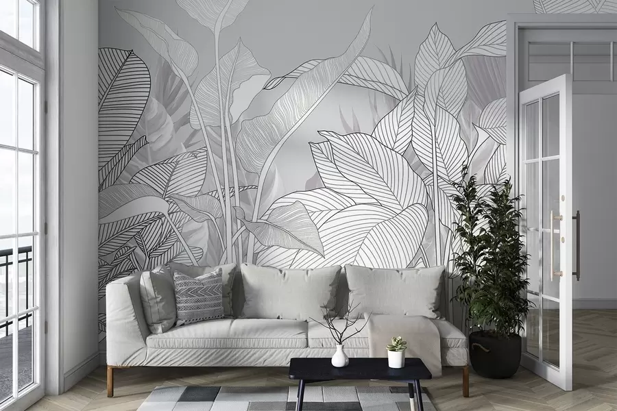 murales de pared Ilustración monocroma de grandes hojas y follaje estilizados con intrincadas líneas y texturas w08436