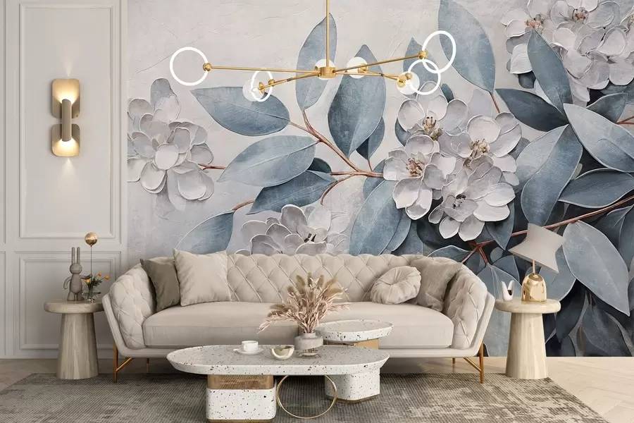 murales de pared Delicadas flores blancas con hojas de color verde grisáceo sobre un fondo suave y apagado en estilo de pintura al óleo  w08437