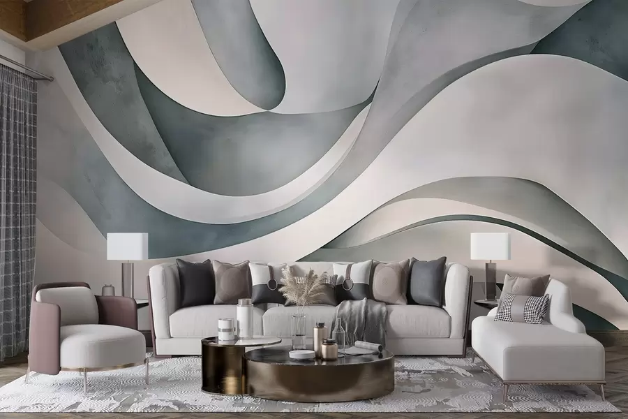 murales de pared Formas curvas en blanco, azul y gris, creando un estampado minimalista, moderno y abstracto  w08439v1