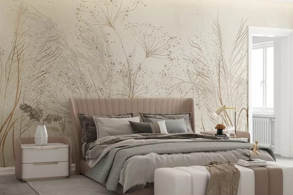 murales de pared Ilustración monocroma de varias plantas y espiguillas de color beige con líneas y texturas delicadas y tenues  w08441