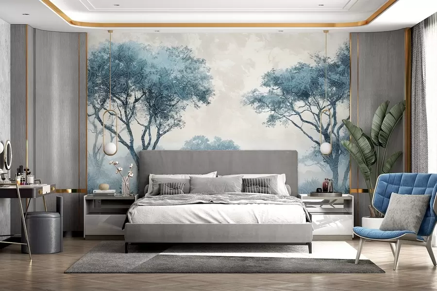 murales de pared Un paisaje brumoso y sereno con árboles silueteados en primer plano y una suave niebla en tonos azules y beige w08442