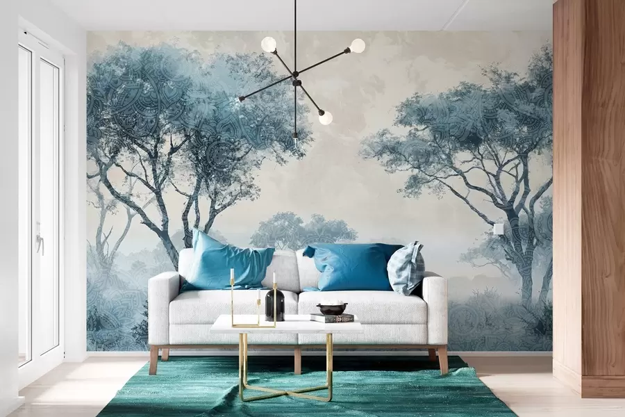 murales de pared Un paisaje brumoso y sereno con árboles silueteados en primer plano y una suave niebla en tonos azules y beige w08442
