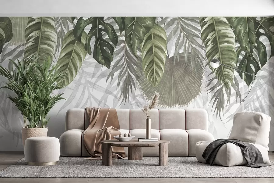 murales de pared Hojas tropicales en tonos verdes, incluidas grandes hojas de monstera y hojas de palmera, sobre fondo blanco w08443