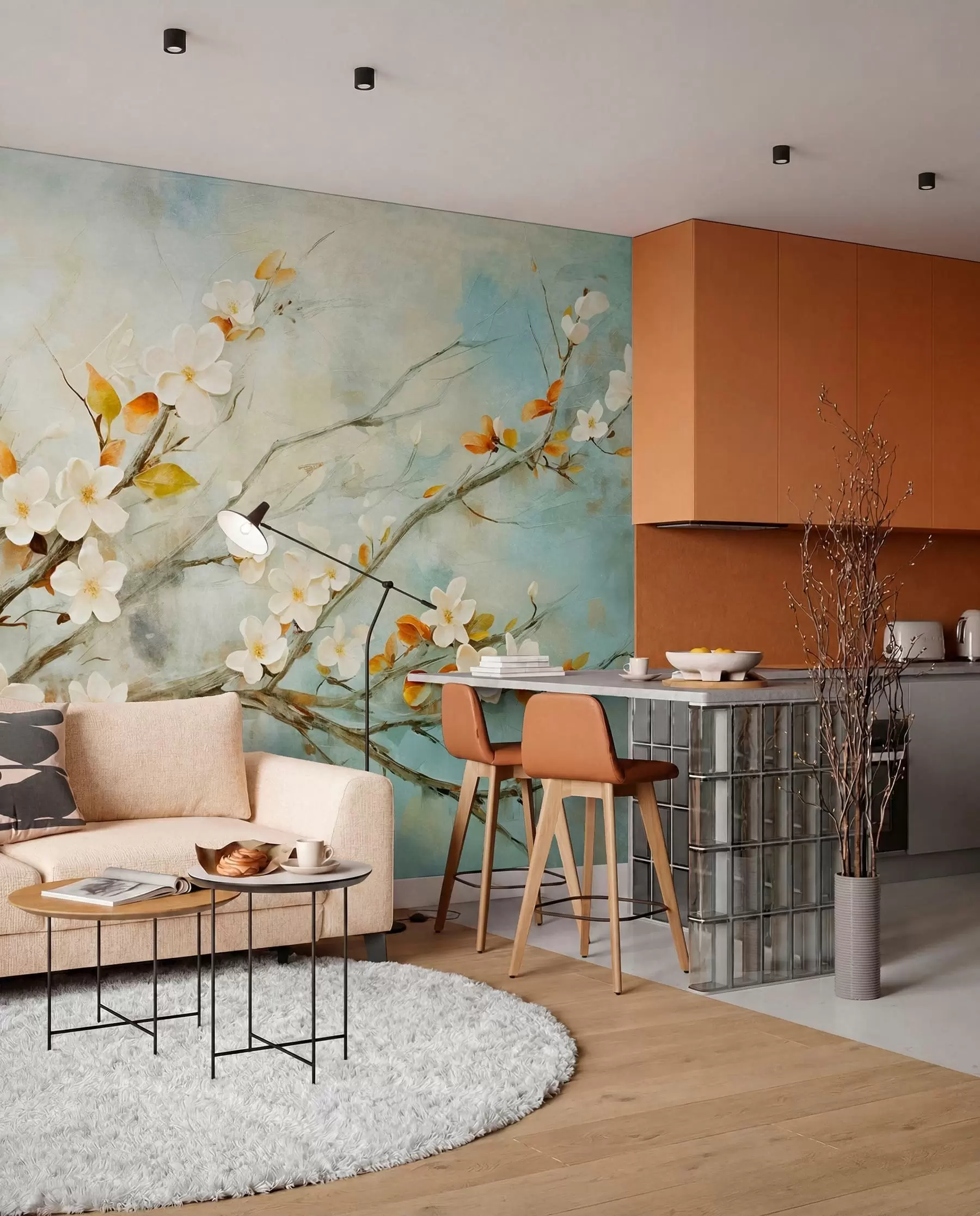 murales de pared Flores blancas de cerezo en ramas sobre un fondo azul y verde suave en estilo de pintura al óleo w08444