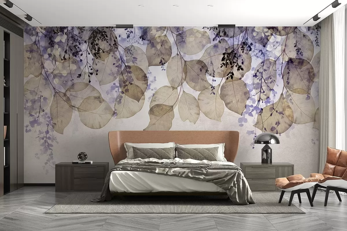 murales de pared Delicadas hojas secas y flores en tonos púrpura, beige y blanco sobre un fondo de textura ligera w08447