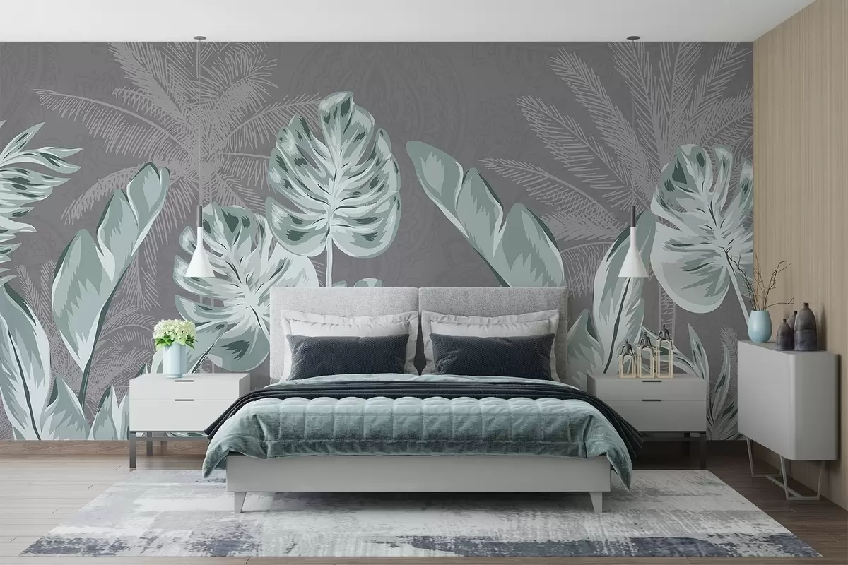 murales de pared Grandes y delicadas hojas de color verde azulado sobre un fondo gris apagado, que crean una atmósfera serena y etérea w08449v1