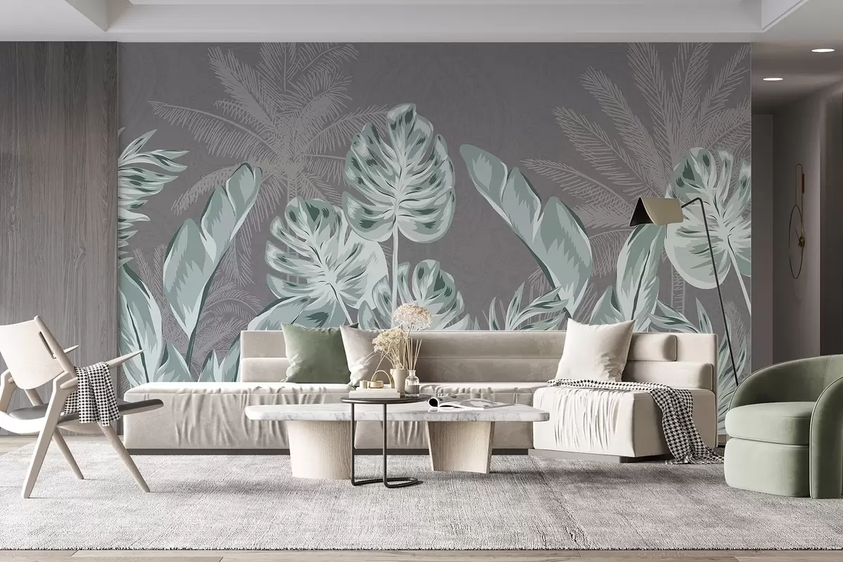 murales de pared Grandes y delicadas hojas de color verde azulado sobre un fondo gris apagado, que crean una atmósfera serena y etérea w08449v1