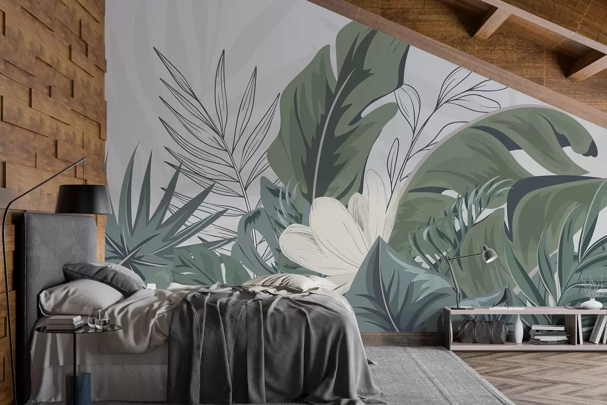 murales de pared Hojas y flores tropicales w01550