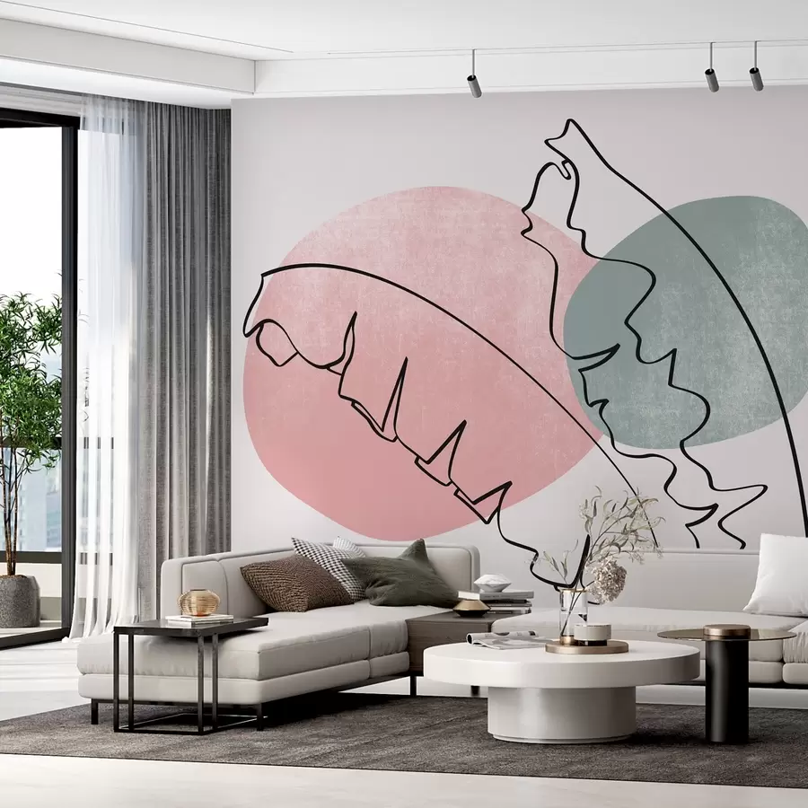 murales de pared Hojas de palma de plátano dibujo lineal en rosa y verde textura mancha w02423