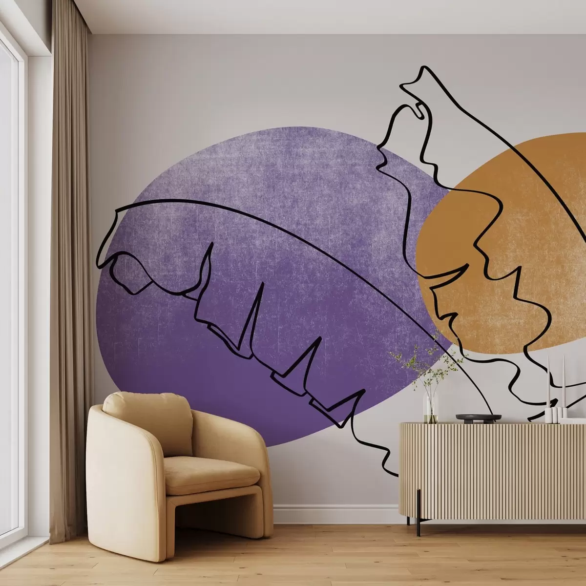 murales de pared Plátano hojas de palma línea de dibujo en púrpura y naranja textura punto w02423v1