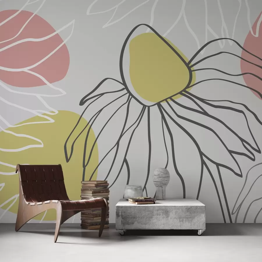 murales de pared Flores abstractas dibujo lineal, de color azul, rosa, amarillo w02427