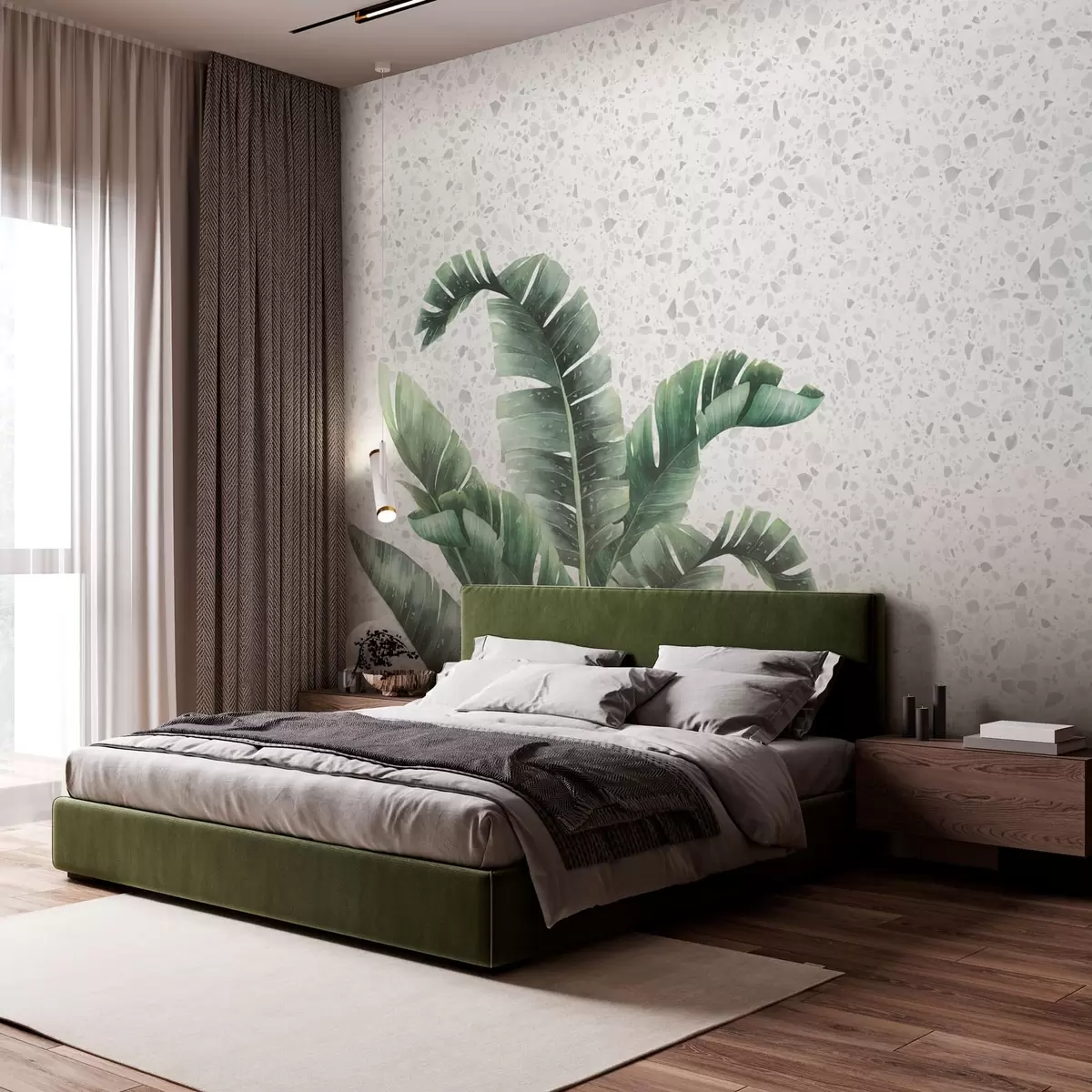 murales de pared Hojas tropicales y fondo de terrazo color gris w02376v1