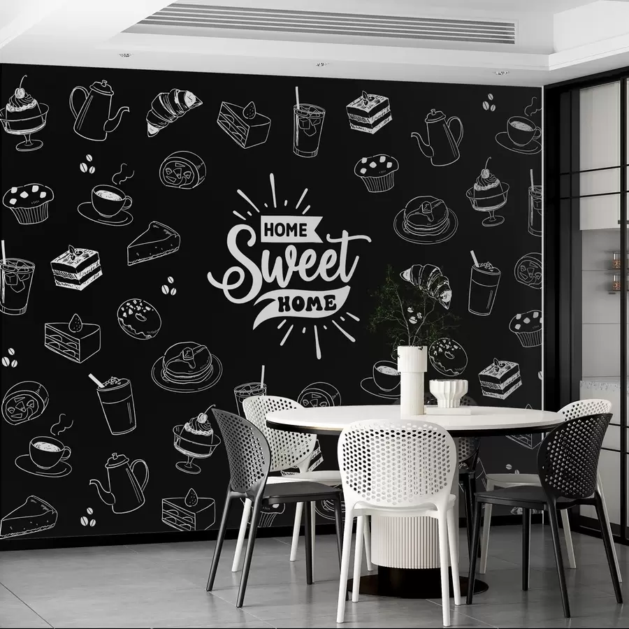 murales de pared papel pintado negro para la cocina con motivos blancos w02349