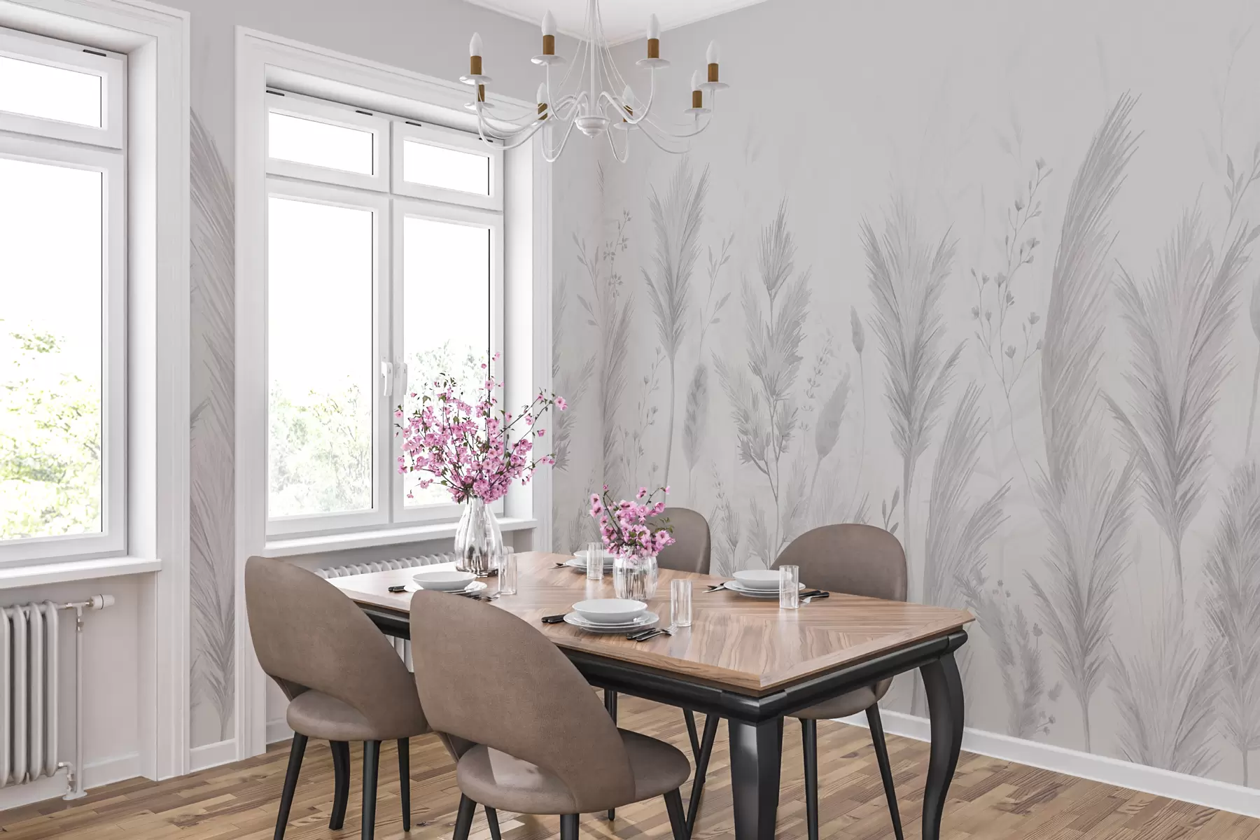 murales de pared Delicadas flores silvestres y espiguillas en tonos grises pastel w02446v1