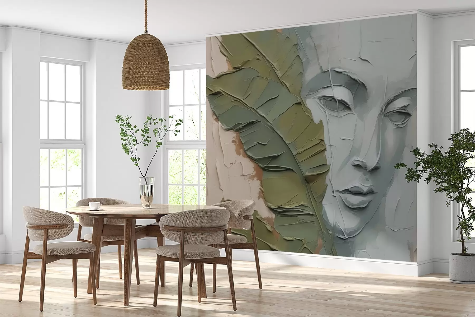 murales de pared Cara cerca de hojas tropicales imitación de trazos de pintura y textura w02436
