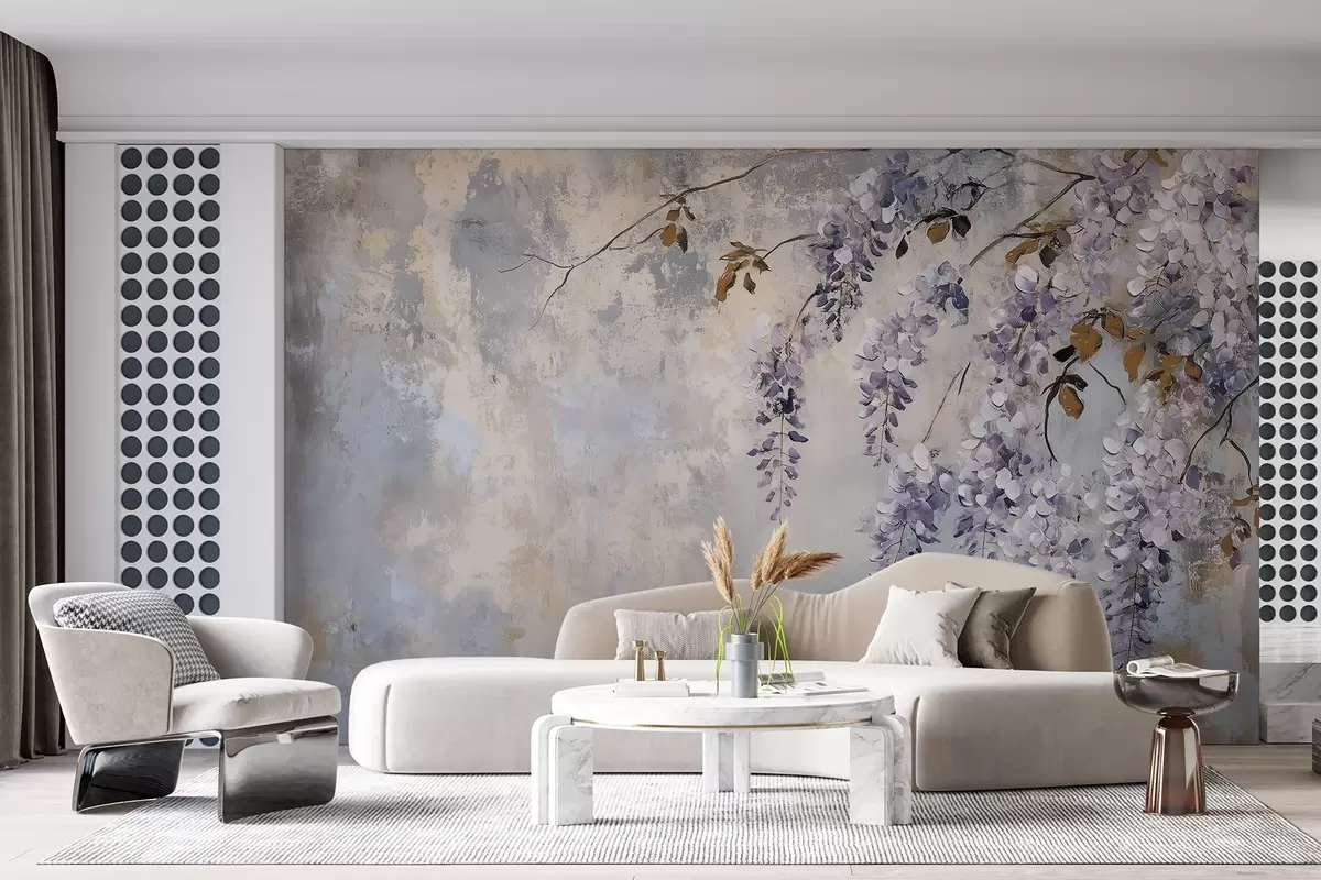 murales de pared papel pintado texturizado en colores suaves y apagados con delicadas flores y ramas de glicinia. w02451