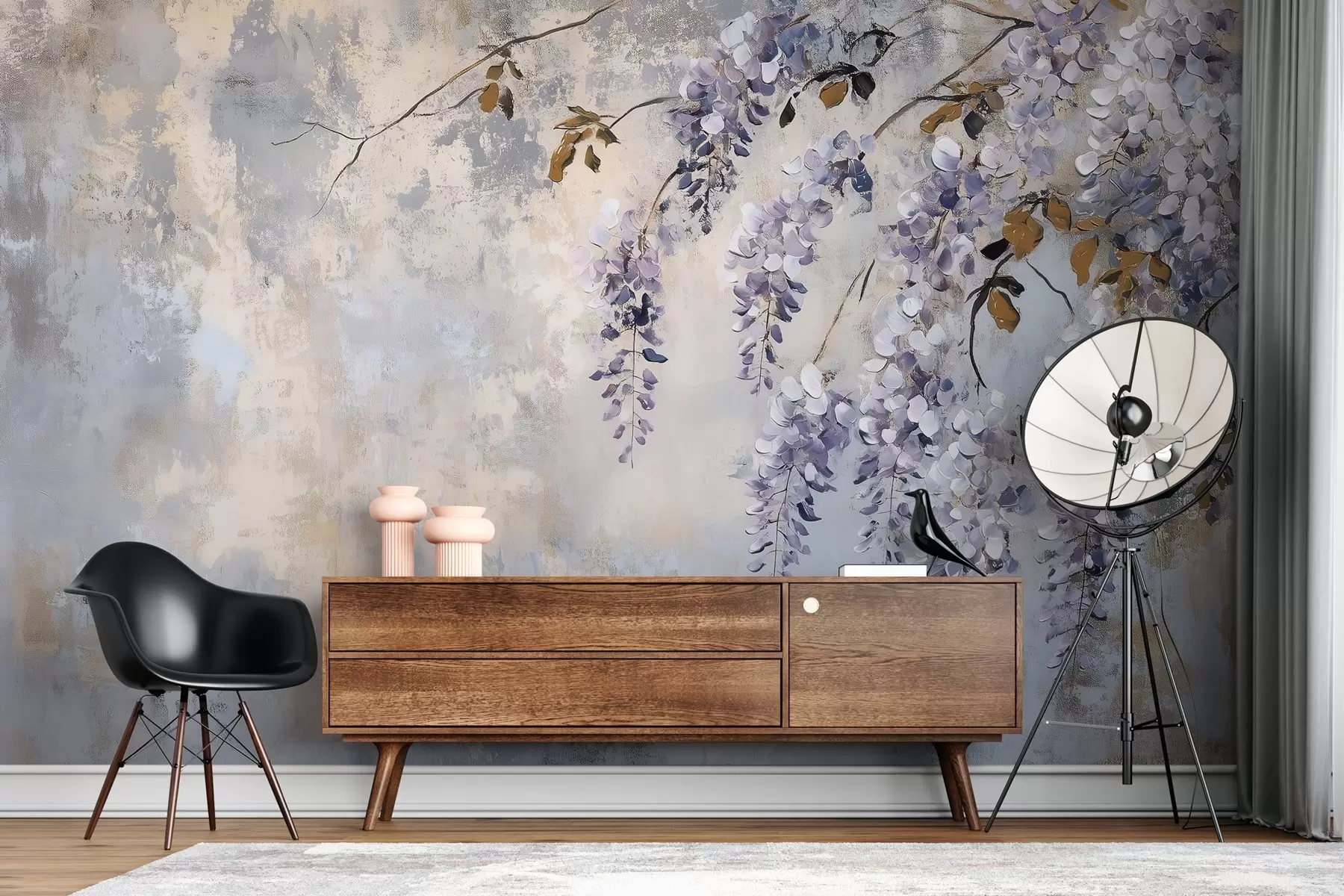 murales de pared papel pintado texturizado en colores suaves y apagados con delicadas flores y ramas de glicinia w02451