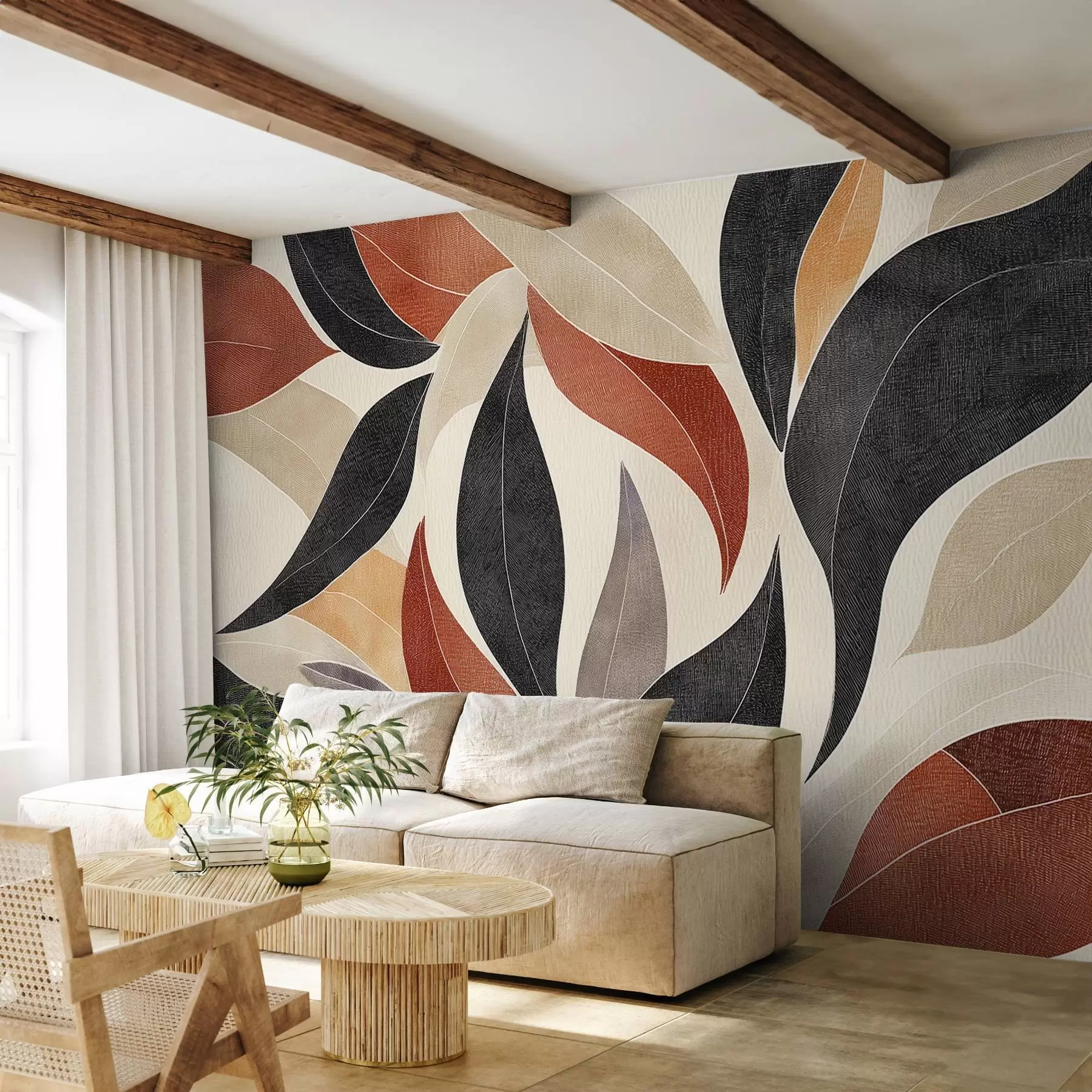 murales de pared hojas abstractas en una paleta de tonos terrosos: beige, terracota y gris oscuro w02452