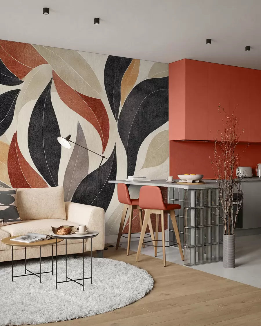 murales de pared hojas abstractas en una paleta de tonos terrosos: beige, terracota y gris oscuro w02452
