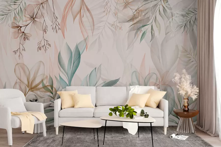 murales de pared Delicado follaje tropical en colores pastel w02316