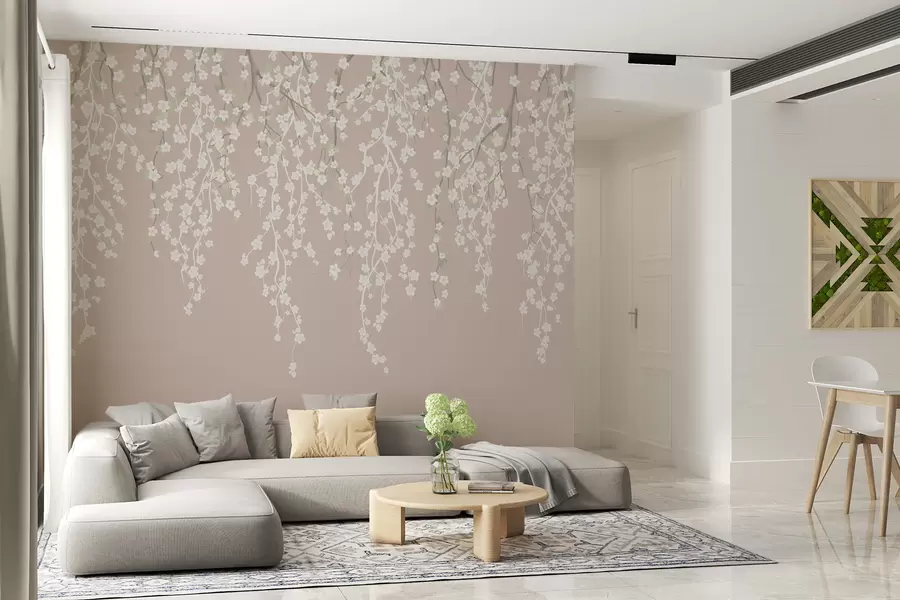 murales de pared Ramas delicadas con flores sobre fondo pastel w02479v2