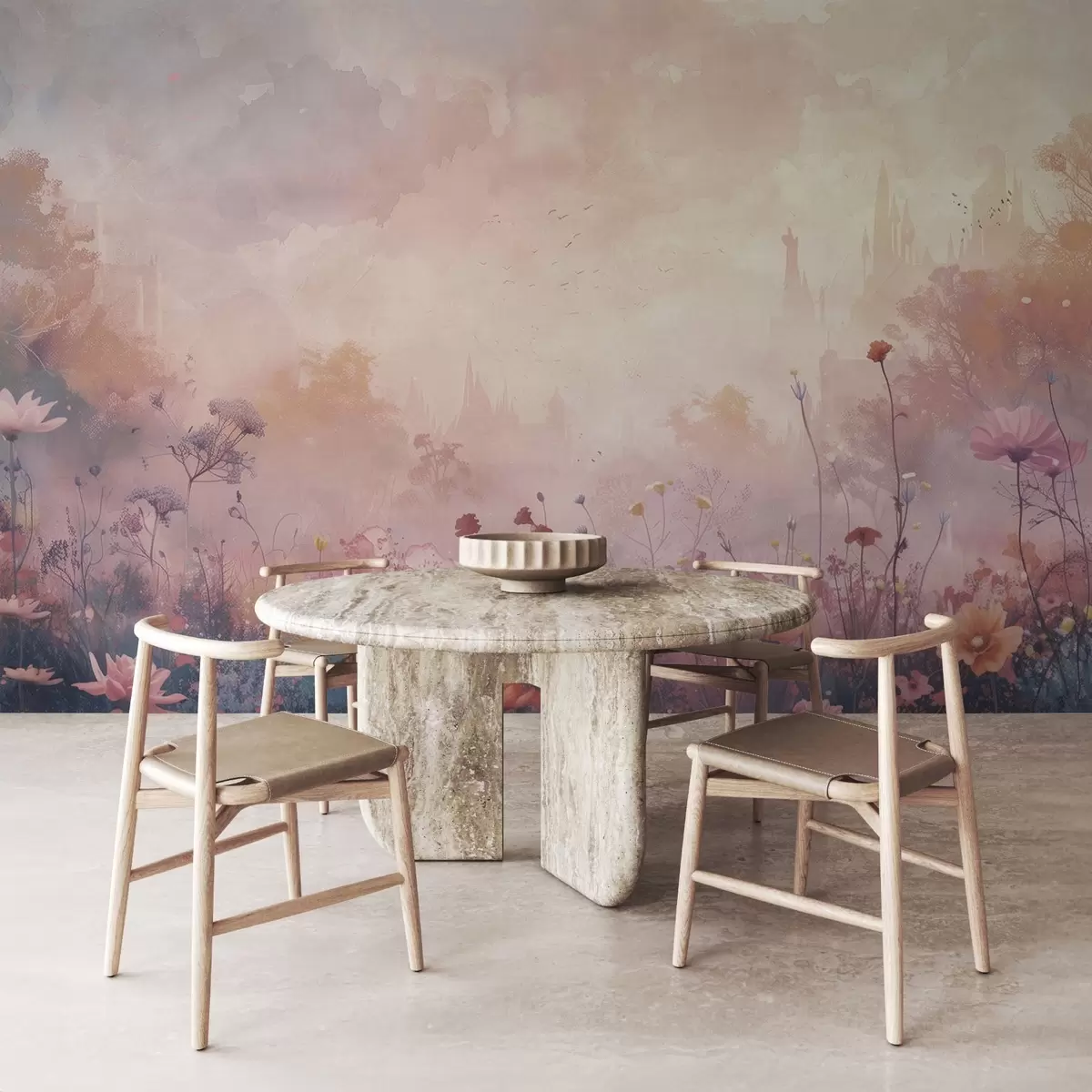 murales de pared Flores silvestres sobre fondo de silueta de castillo w08478