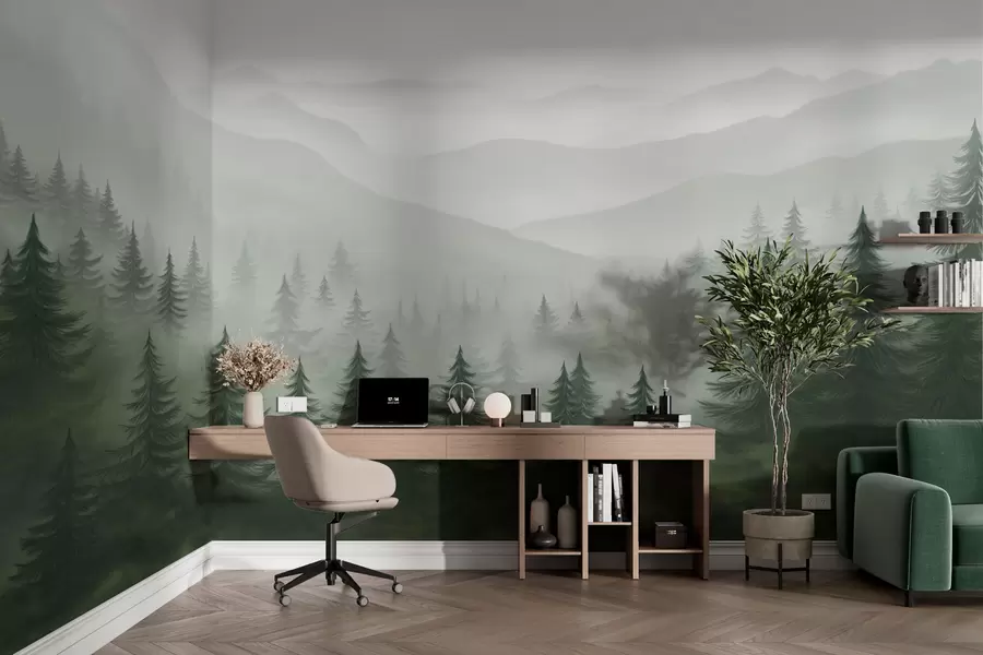 murales de pared Bosque verde brumoso w02450