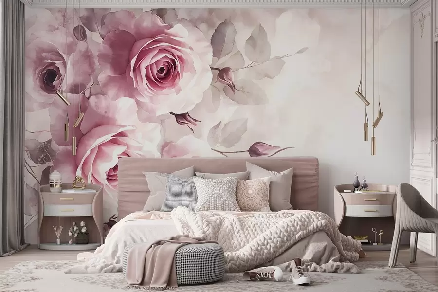 murales de pared Delicadas rosas y hojas rosa pastel con fondo suave y difuminado imitación acuarela w08459