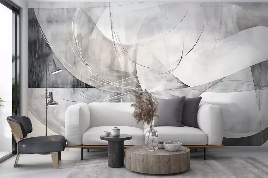 murales de pared Formas abstractas en tonos blancos, grises y negros sobre un fondo de textura difuminada w08461v1