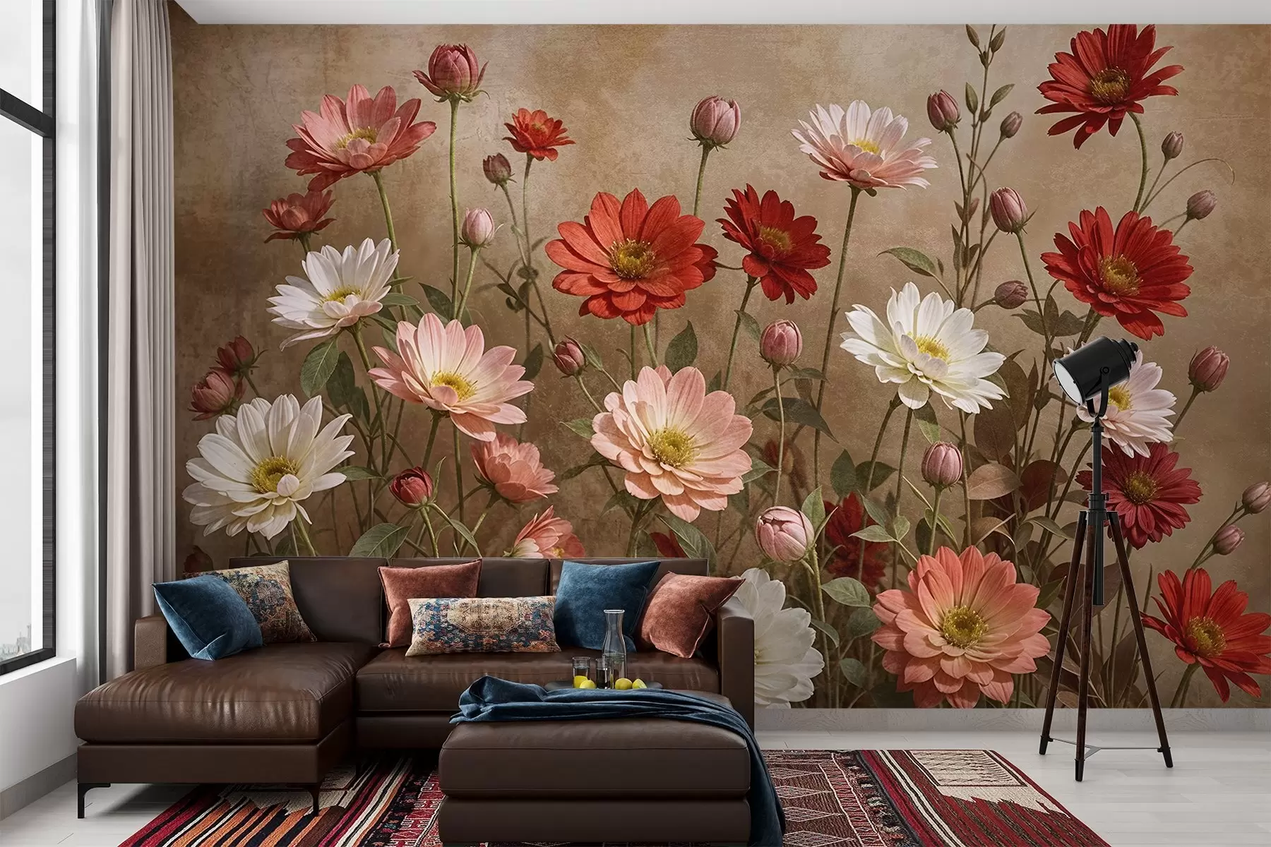 murales de pared Un campo de coloridas flores parecidas a margaritas en varios tonos de rosa, rojo y blanco sobre un fondo texturizado w08462