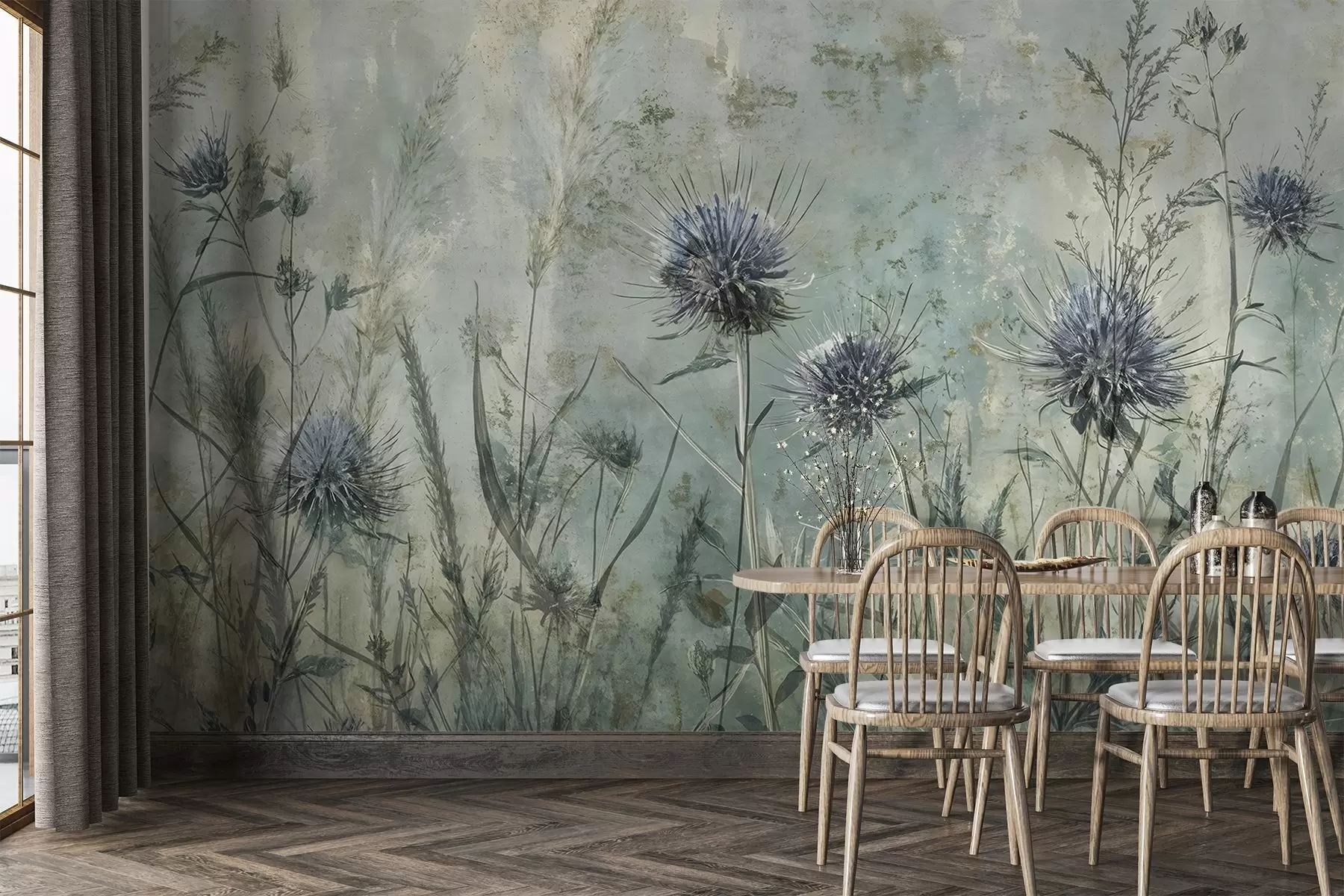 murales de pared Un campo de flores de cardo púrpura con flores borrosas y follaje en el fondo de textura vintage w08463