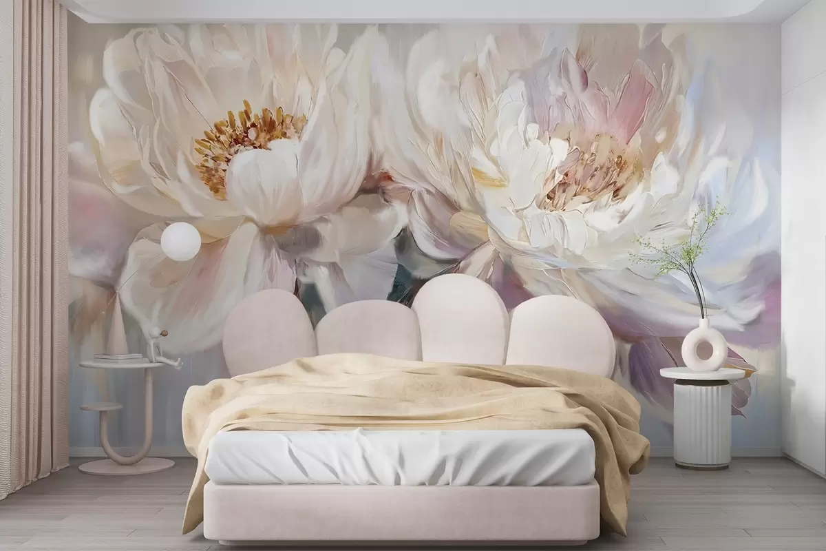 murales de pared Suaves y delicadas peonías blancas y rosa pastel con exuberantes pétalos sobre un fondo difuminado que imita una pintura w08466